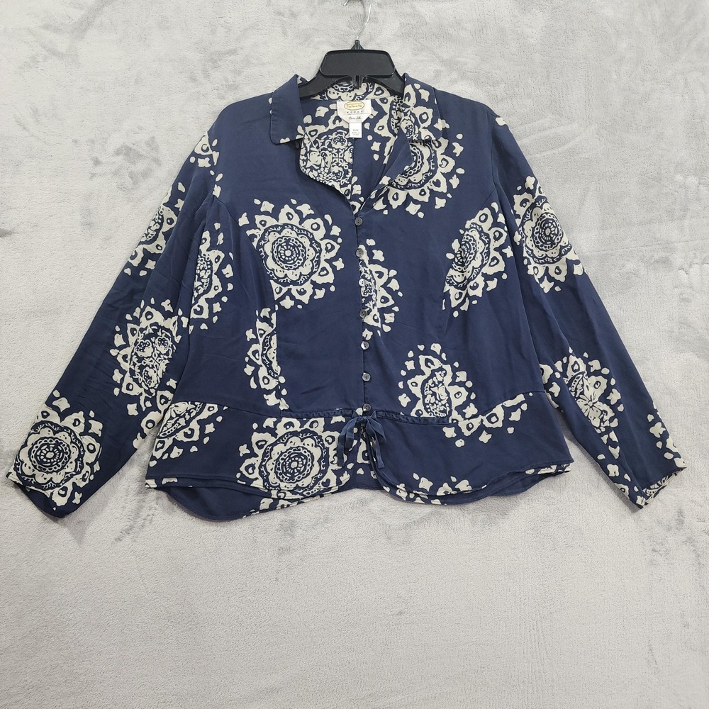 Vintage Talbots Shirt Womens 16W Blue Floral Silk Button Front Drawstring Hem